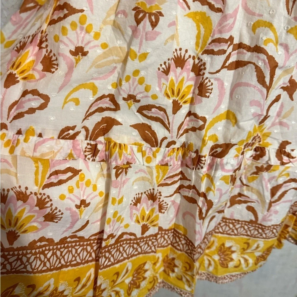 Jessica Simpson Yellow and Brown Floral, Boho, Casual, Smocking Midi Dress, Lg